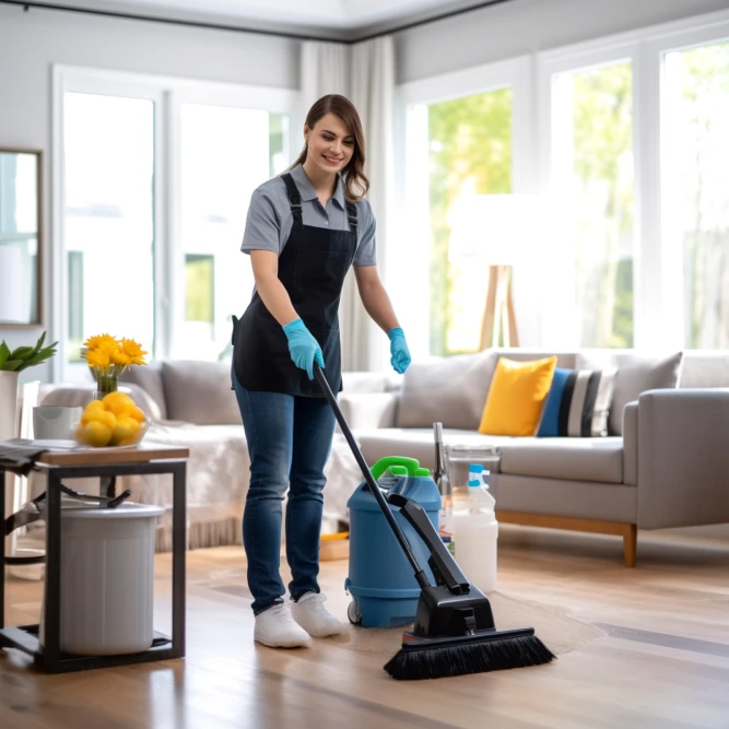 Professional cleaner using eco-friendly equipment to clean a bright living room during green end of lease cleaning service in Gold Coast.